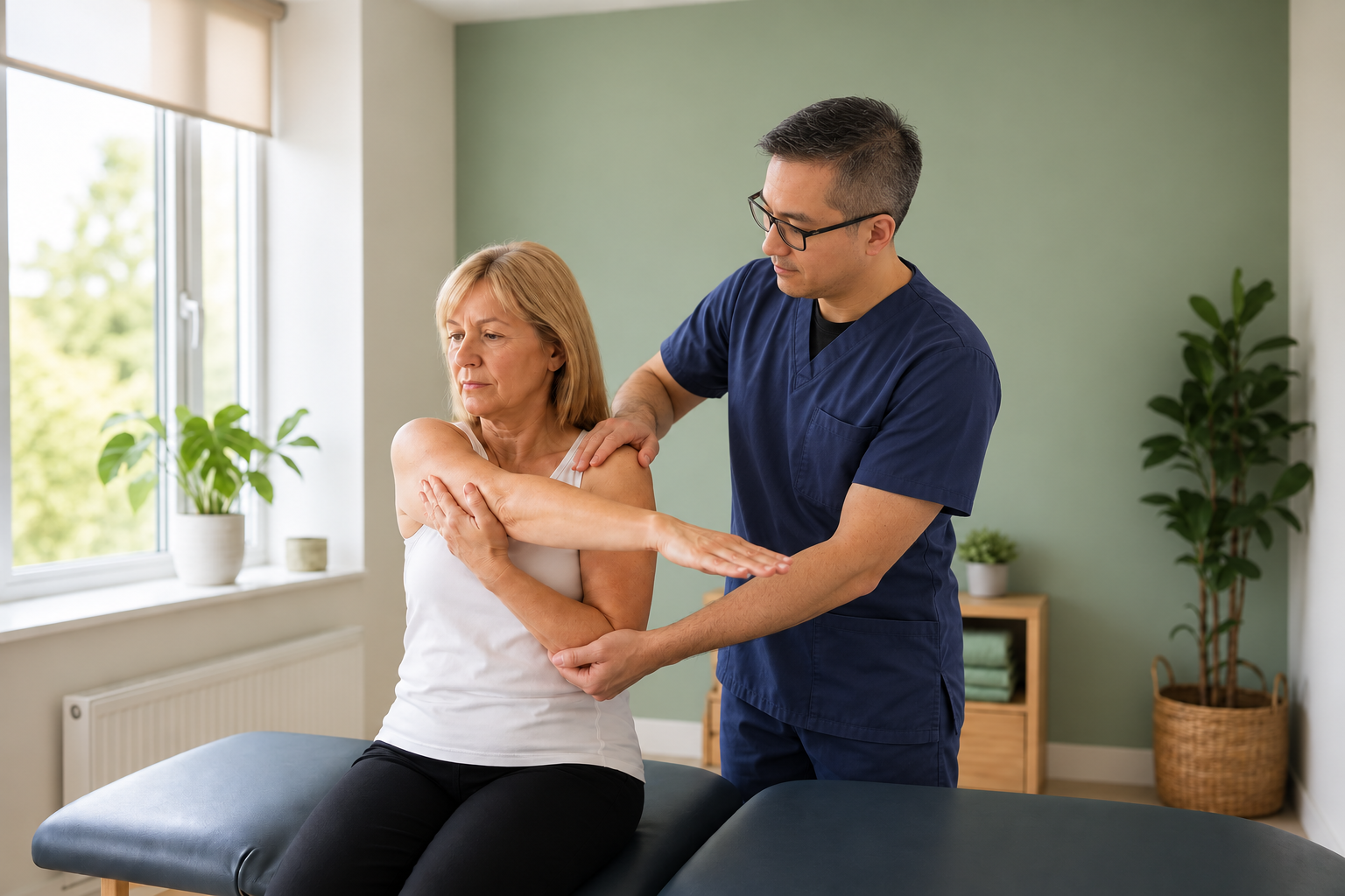 Illustrative photo of an Asian male physiotherapist supporting a patient through a shoulder exercise at home